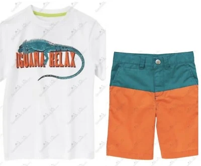 Gymboree Boys 7 Bright & Beachy Iguana Relax Tee orange Colorblock Shorts  NWT - Image 1 of 4