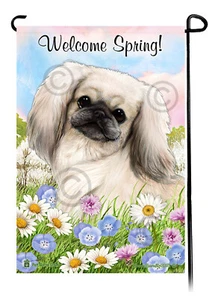 Welcome Spring Garden Flag - White Pekingese - Picture 1 of 1