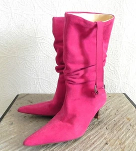 bebe Mid-Calf Boots Pink Suede Leather Pointed Toe Pull-on Kitten Heel Size 5.5 - Picture 1 of 10