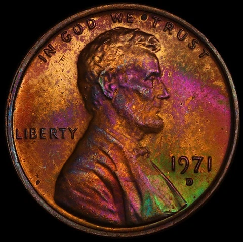 MS64RB 1971-D 1C Lincoln Memorial Cent, PCGS Trueview- Rainbow Toned Cover