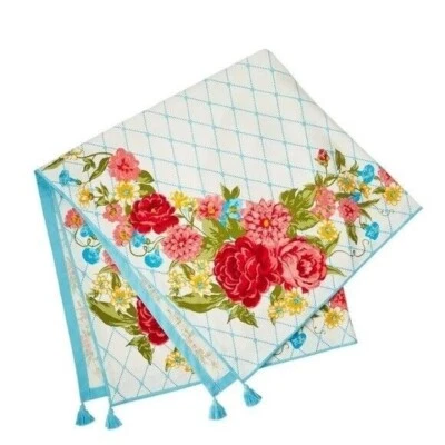 Pioneer Woman Sweet Rose Table Throw Runner Floral Blue Tassels 50-in Gift NEW - Image 1 of 4
