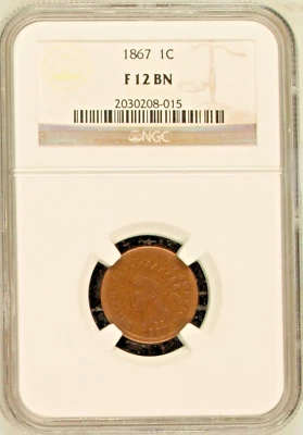 1867 Indian Head Cent Penny NGC F12 BN 1C Brown Graded Certified Authenticated - Image 1 of 2