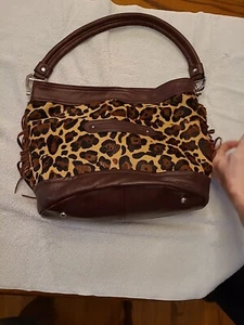B Makowsky Andrea Handbag Leopard Print Brown Calf Hair Leather Fringe - Picture 1 of 10