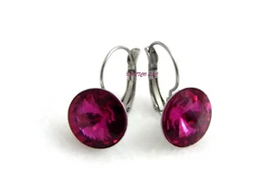 AUSTRIAN CRYSTAL 14MM FUCHSIA,STAINLESS STEEL,LEVER-BACK EARRINGS-SIZE: LARGE - Picture 1 of 7