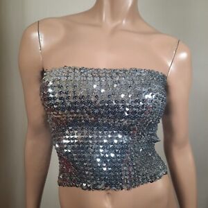 Vintage 80s Silver Sequin Tube Top Disco Glam Strapless Cropped One Size