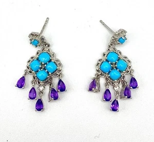 Ethno 925 Sterling Ohrstecker Hänger Chandelier blau Ohrringe lila Kristall Indianer - Bild 1 von 4