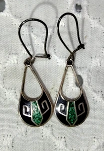 Vintage Mexico Silver 925 Dangle Drop Earrings Black Enamel Green Turquoise TR - Picture 1 of 8