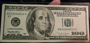 1996 US Hundred Dollar Bill Note $100 Fancy Number AB42444514V B2 (5 OF A KIND) - Picture 1 of 3