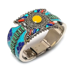 Yellow Coral Turquoise Lapis lazuli Baho Tibetan Silver Nepali Cuff 8-9" NC 624 - Picture 1 of 6