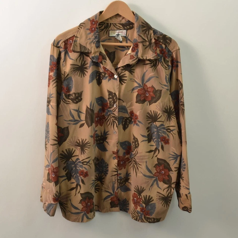 Camisa con botones Caribbean Joe para mujer 2X microgamuza poliéster spandex marrón Foto 1 de 4