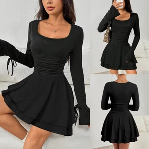 Women Sexy Skater Dress Ladies Long Sleeve Ruffle Swing Club Party Mini Dress - Picture 1 of 15