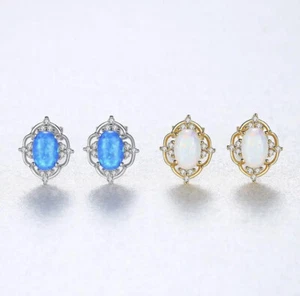 Luxury Opal CZ Stud Earrings 18ct Gold Plated 925 Sterling Silver Blue White - Picture 1 of 6