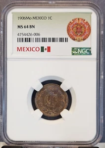 1906 MEXICO 1 CENTAVO 1C NGC MS 64 BN BEAUTIFUL BU SCARCE HIGH GRADE COIN - Picture 1 of 3