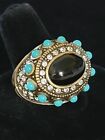 Vintage Bronze HEIDI DAUS Ebony Rhinestone &Turquoise Ring SZ. 7 1/2 &18Gms R299