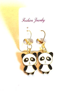 🐼Cute Black & White Enamel Panda Bear Gold Plated Earrings🐼 - Picture 1 of 7