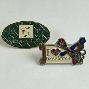 Spirit of Cross Stitch Friends 1997 & "I Love Cross Stitch" Sewing Thread Pins - Picture 1 of 4