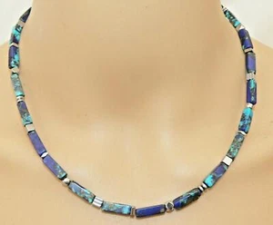Halskette Schmuck-Edelstein Impression Jaspis Blau Türkis marmorier Hämatit 226g - Picture 1 of 12