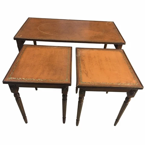 19th C. French Leather Top Cocktail | Coffee Table +2 Nested Side Table-Set of 3 Cover