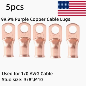 5PCS Copper Lug Ring Terminal 1/0 Gauge 3/8'' Stud Ring Copper Connectors in Bag - Picture 1 of 8
