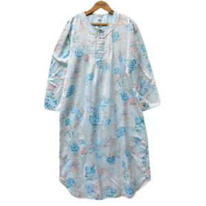 Miss Elaine Blue Floral Nightgown Size M Long Sleeve Satin Lace Collar Women's