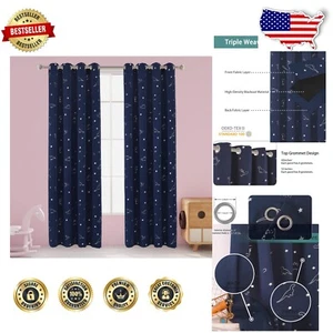Dinosaur & Star Blackout Curtains for Kids - 52" x 108" Navy Drapes, Set of 2 - Picture 1 of 10
