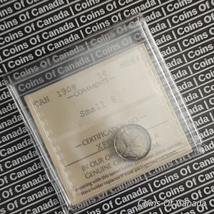 1908 Canada 5 Cent Silver Coin ICCS - MS 64 Small 8 #coinsofcanada - Picture 1 of 6