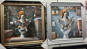 Framed Silver Beagle dog picture Newspaper on the toilet quirky wall art decor - Picture 1 of 18
