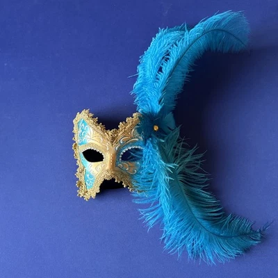 Venetian Hand Painted Masquerade Mask Venice Feathers Teal Official Stamped 2016 - Image 1 of 4