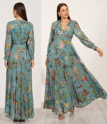 NWT Ranna Gill Maxi Dress Sz L Jade Montana Nature Print Sequined Pleated Ruched - Image 1 of 4