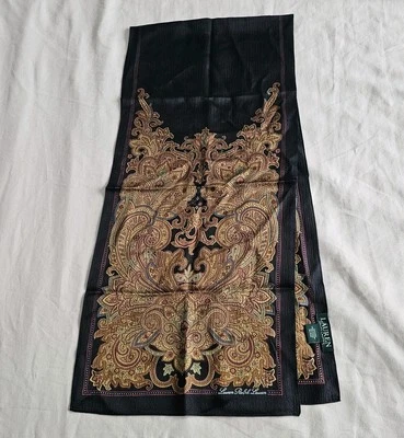 Bufanda vintage Lauren Ralph Lauren 100 % seda diseño cachemir negro 12" x 53" FAB Foto 1 de 4