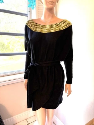 Halston Heritage belted wool dress with Cleopatra Beaded Collar Sz 4 - Image 1 of 4