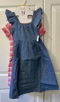 Paquete de 2 vestidos Roxy para niñas manga corta rosa a rayas y azul denim suave 7/8 pequeños Foto 1 de 4