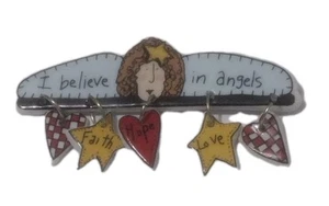 Vtg "I Believe In Angels" OOAK HANDMADE Dangle Custom Brooch Religious Christmas - Picture 1 of 3