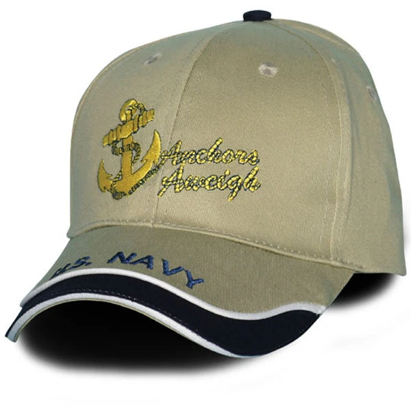 NAVY ANCHORS AWEIGH DIRECT EMBROIDERED KHAKI MILITARY HAT CAP  - Image 1 of 1