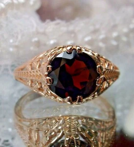 GENUINE Garnet Ring, Art Deco Rose Gold over Silver Filigree (Custom-Made) D159 - Picture 1 of 12