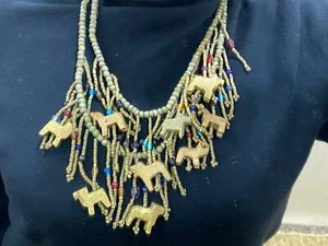 Vintage Chunky Choker Wooden bead Necklace Two Layer Small Animals Women African - Picture 1 of 10