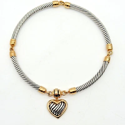 Stocko Heart Pendant Necklace Snap Clasp Two Tone Twisted Cable Choker 15" - Image 1 of 4