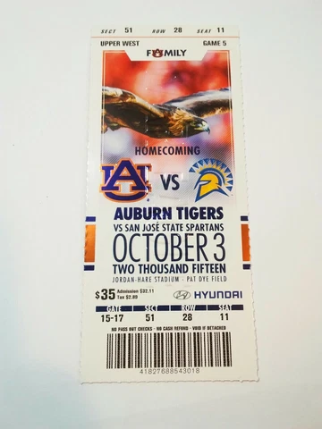 2015 Auburn Tigers San Jose State Football Ticket Stub Cover