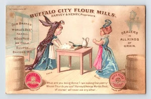 Buffalo City Flour Mills 1890s Victorian Trade Card Girl Donkey Pelt 5" x 3" - Picture 1 of 2