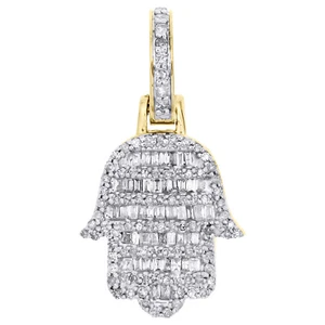 10K Yellow Gold Round & Baugette Diamond Mini Hamsa Hand Pendant 1" Charm 1/2 CT - Picture 1 of 6