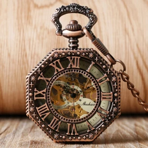 Luxury Mechanical Pocket Watch Pendant Octagon Shape Red Copper Classic Gift - Picture 1 of 11