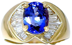 18k yellow gold oval Tanzanite, channel set Tapered Baguette and round diamonds - Picture 1 of 6
