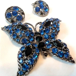 Weiss Style Vintage Butterfly Brooch & Earrings with Blue & Black Rhinestones - Picture 1 of 7