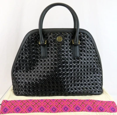 $525 TORY BURCH ROBINSON BLACK BASKET WOVEN LEATHER LOGO SATCHEL TOTE HANDBAG - Image 1 of 4