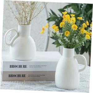 White Ceramic Vase Set - 2 Small Vases with Handle, Pottery Vases White - 2 Pcs - Picture 1 of 8