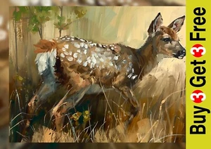 Spotted Deer Fawn 5"x7" Print on Matte Paper | Adorable Wildlife Oil Painting - Picture 1 of 17
