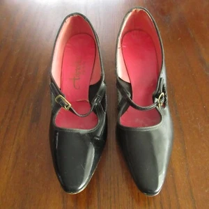 VINTAGE 60s Womens Shoes 6.5M BLK PATL POINTY MOD PUNKY ART PARTY RARE - Picture 1 of 15