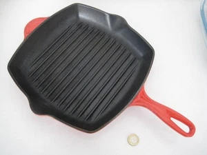 VTG LE CREUSET 26cm RED OMBRE CAST IRON ENAMELLED SQUARE GRIDDLE SKILLET FRY PAN - Picture 1 of 15