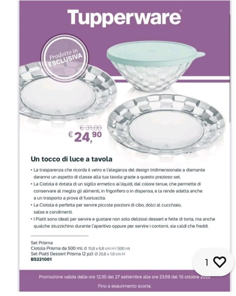 Tupperware Ciotola Prisma 500 Ml Più Due Piatti Prisma, Trasparenti Eleganti - Immagine 1 di 1