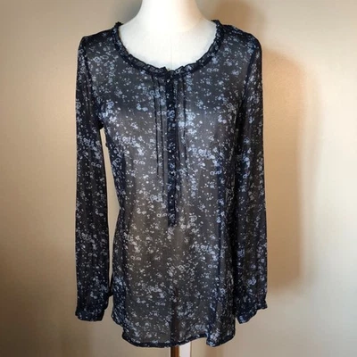 Blusa túnica Eddie Bauer transparente manga larga azul floral talla XS Foto 1 de 4